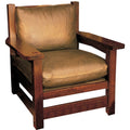 Brown leather armchair with wooden frame on a white background