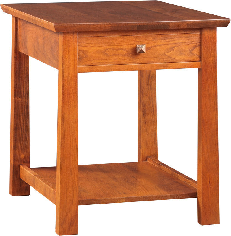 The Highlands End Table with a single drawer and stationary shelf below. 