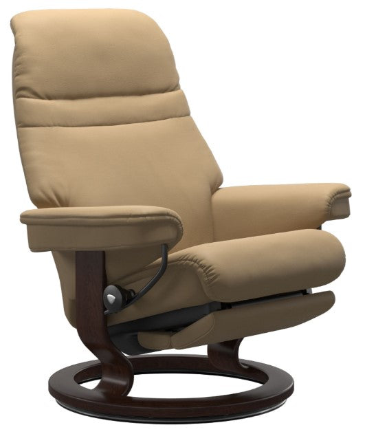 Stressless Sunrise Classic Power Recliner - Sand Leather, Brown Wood Base