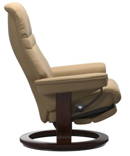 Stressless Sunrise Classic Power Recliner - Sand Leather, Brown Wood Base side view
