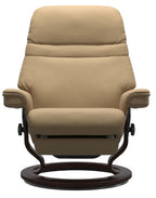 Front, head on view of Stressless Sunrise Classic Power Recliner - Sand Leather, Brown Wood Base 