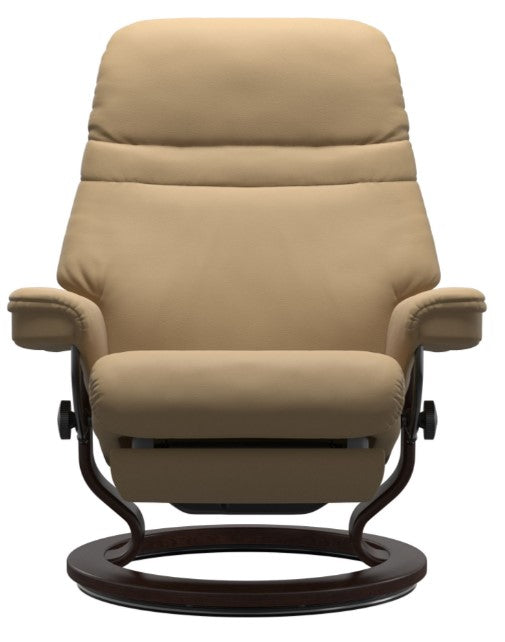 Front, head on view of Stressless Sunrise Classic Power Recliner - Sand Leather, Brown Wood Base 