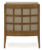 Wooden headboard with grid design and beige cushion on a white background