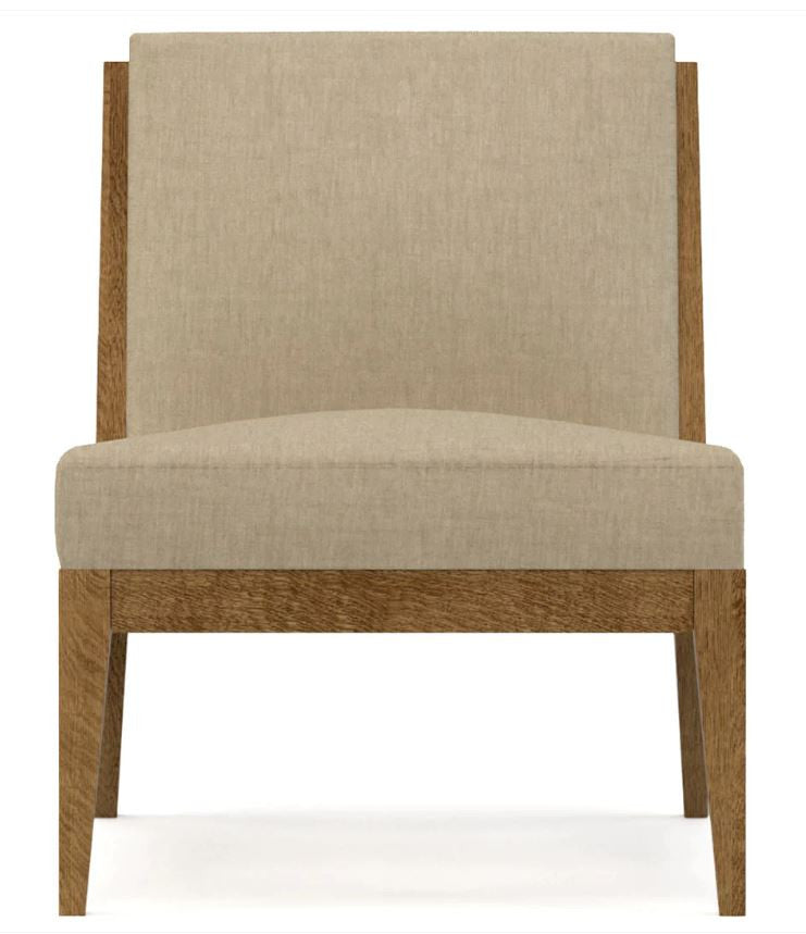Beige upholstered chair with wooden frame on a white background