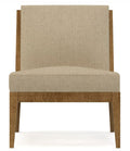 Beige upholstered chair with wooden frame on a white background