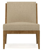 Beige upholstered chair with wooden frame on a white background