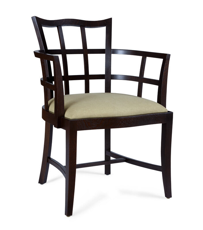 Wooden chair with a beige cushion on a white background