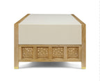 Wooden side table with a white top on a white background