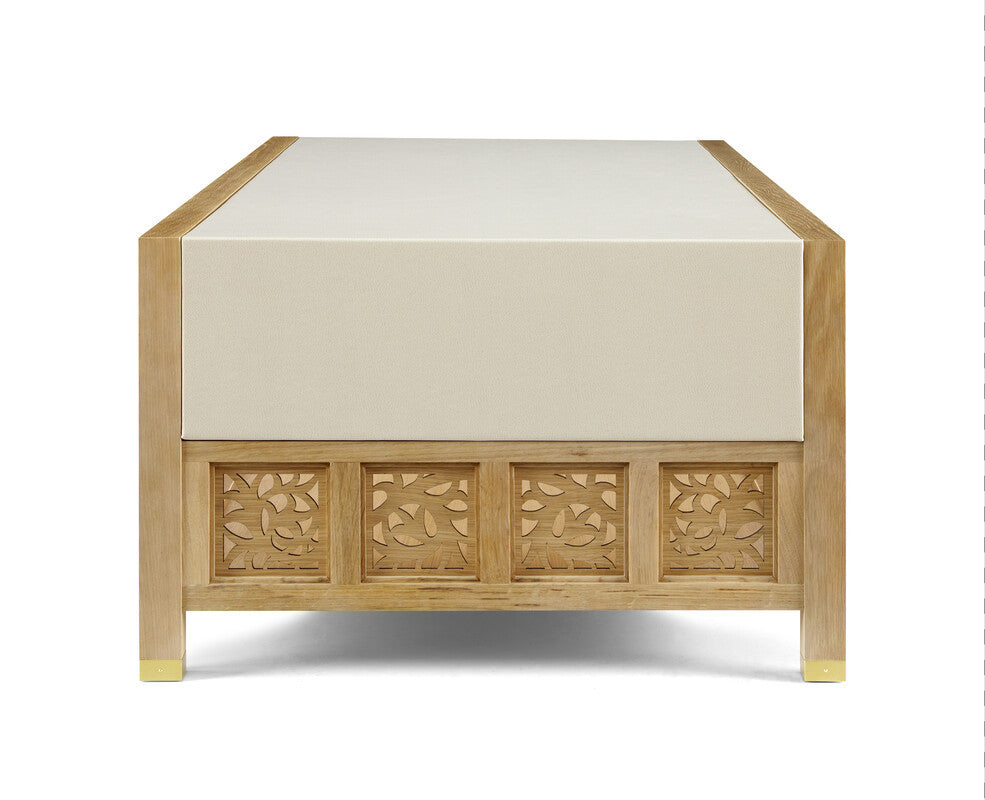 Wooden side table with a white top on a white background