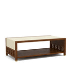 Wooden coffee table with a white top on a white background