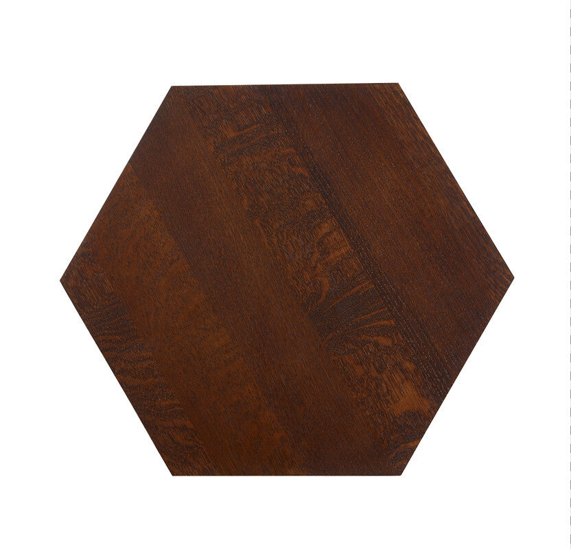 Hexagonal wooden tile with a dark brown finish on a white background