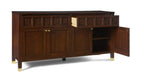 Wooden sideboard with decorative carvings on a white background