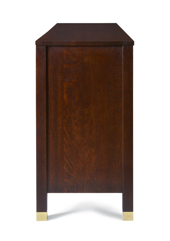 Wooden side table with gold feet on a white background