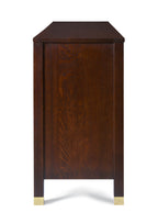 Wooden side table with gold feet on a white background