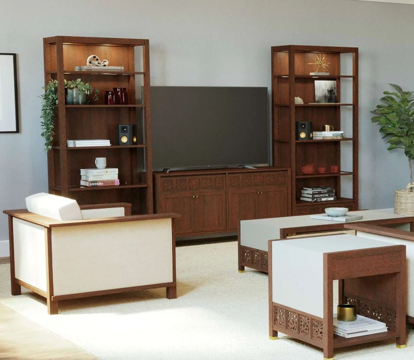 Wooden living room furniture set with bookshelves, sofa, and coffee table.