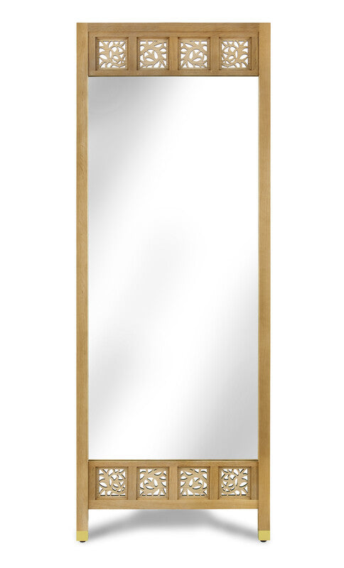 Full-length mirror with decorative wooden frame on a white background