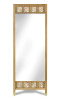 Full-length mirror with decorative wooden frame on a white background
