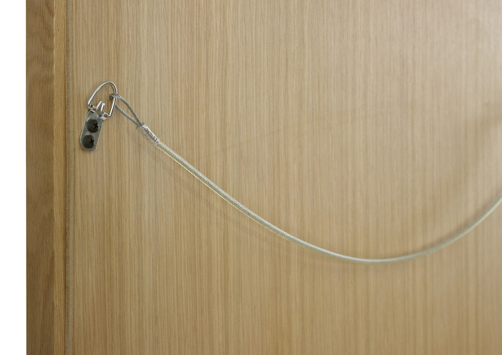 Security cable lock on a wooden door