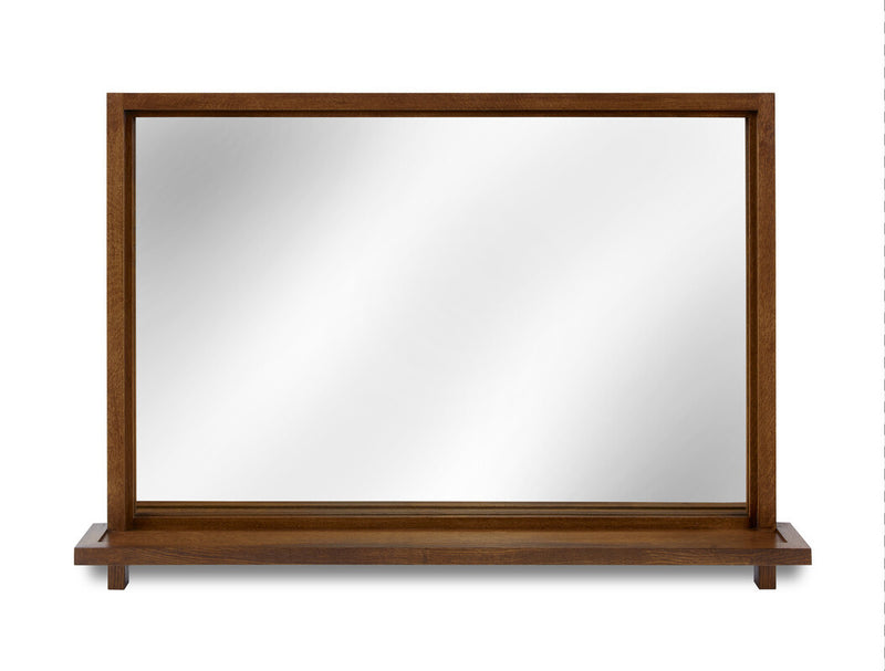 Wooden-framed mirror on a white background