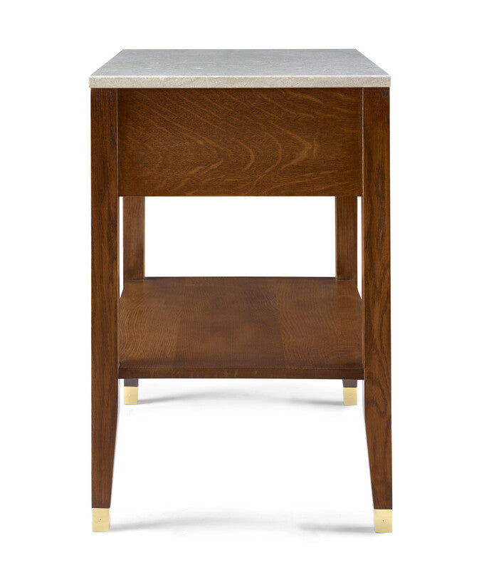 Wooden side table with marble top on a white background