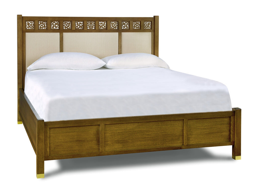Wooden bed with white bedding on a white background