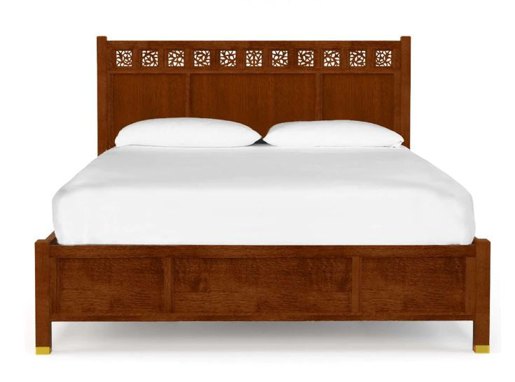Wooden bed with white bedding on a white background