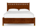 Wooden bed with white bedding on a white background