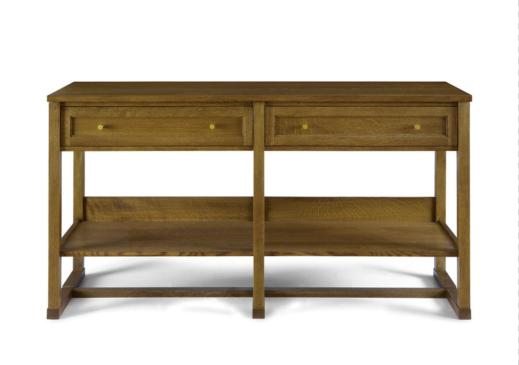 Wooden console table with two drawers and an open shelf on a white background