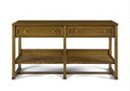 Wooden console table with two drawers and an open shelf on a white background