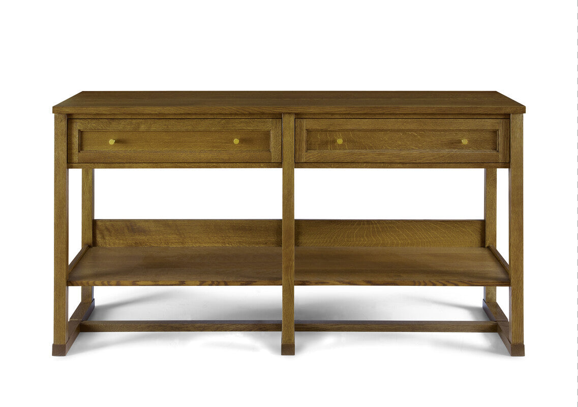 Wooden console table with two drawers and an open shelf on a white background