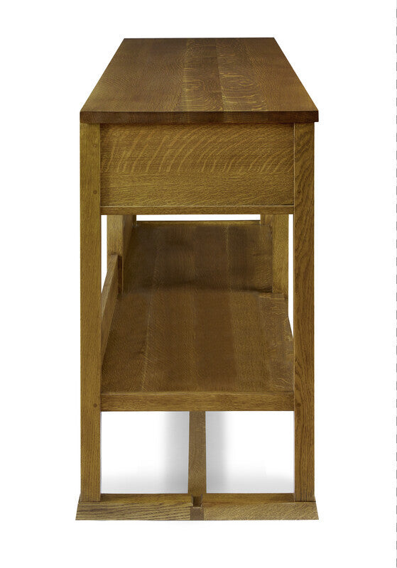 Wooden side table with a drawer on a white background