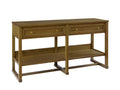 Wooden console table with two drawers and an open shelf on a white background