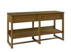 Wooden console table with two drawers and an open shelf on a white background