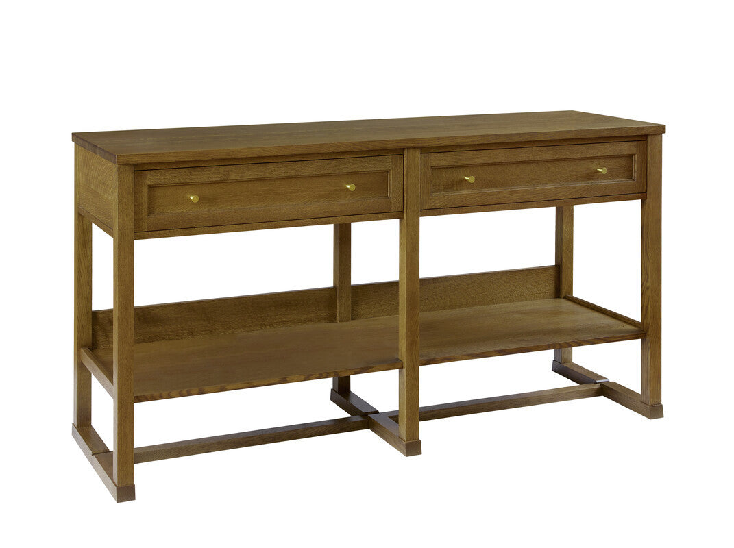 Wooden console table with two drawers and an open shelf on a white background