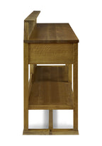 Wooden desk with a shelf on a white background