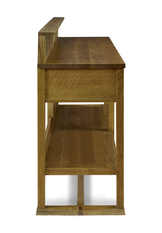 Wooden desk with a shelf on a white background