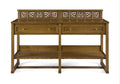 Wooden console table with decorative top on a white background