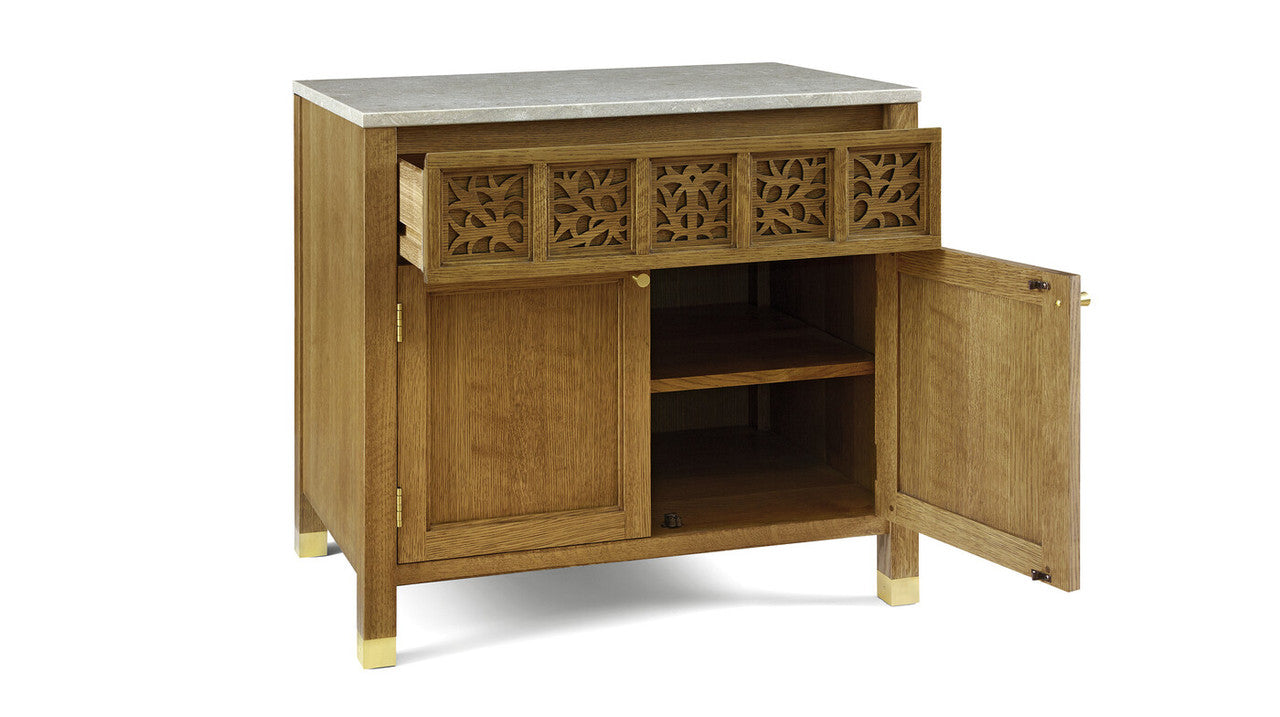 Wooden sideboard with open doors on a white background