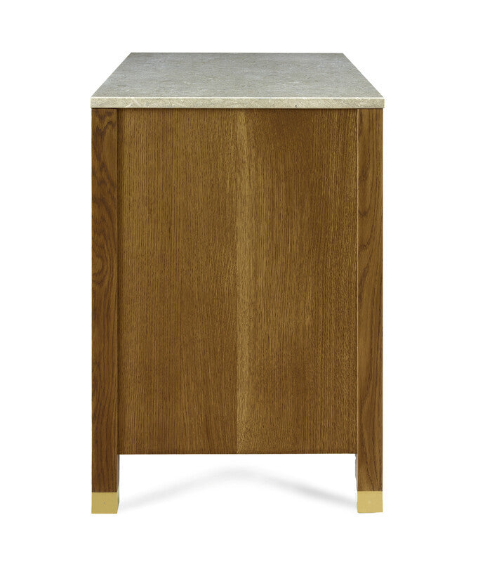 Wooden side table with marble top on a white background