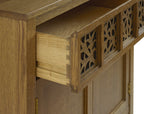 Wooden cabinet with decorative lattice design on a white background