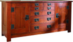 Wooden sideboard with multiple drawers and doors on a white background