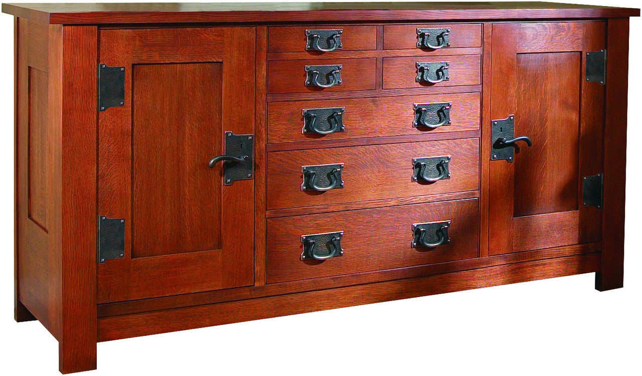 Wooden sideboard with multiple drawers and doors on a white background