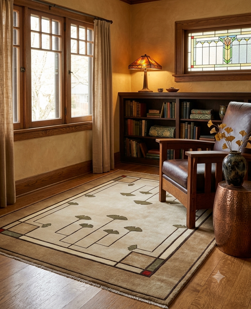 A rectangular area rug with a geometric ginkgo leaf pattern in beige, brown, and gray, styled in a warm, rustic room with a leather armchair, wooden bookcase, and wood floors.