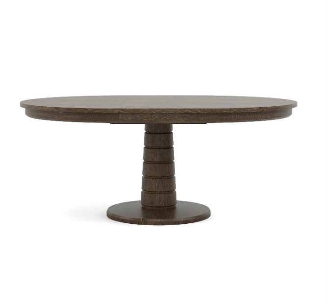 Round wooden table with a dark finish on a white background