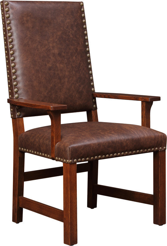 Brown leather armchair with wooden frame on a white background