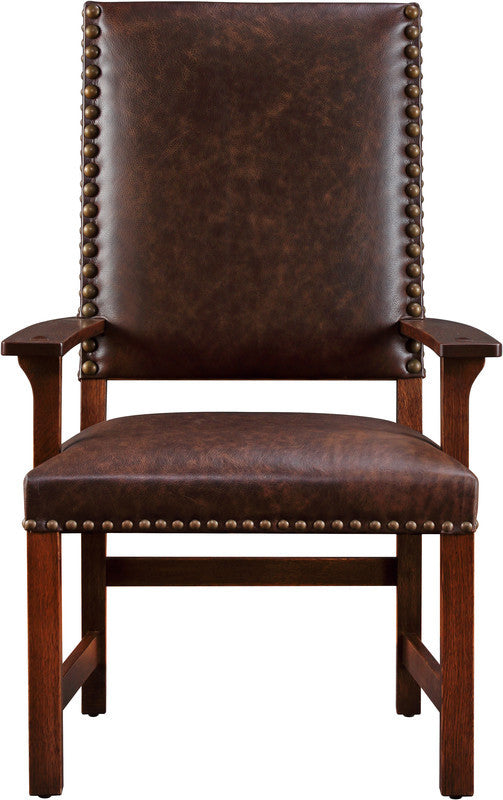 Brown leather chair with wooden frame on a white background