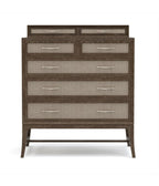 Wooden dresser with multiple drawers on a white background