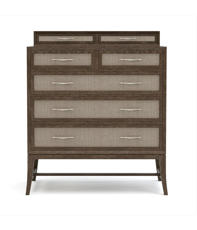 Wooden dresser with multiple drawers on a white background