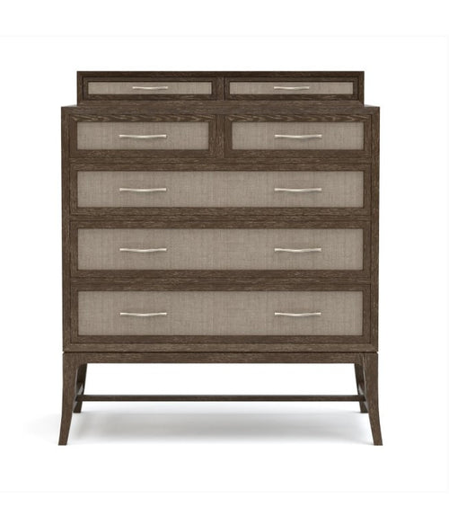 Wooden dresser with multiple drawers on a white background