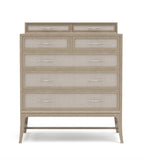 Beige dresser with glass-fronted drawers on a white background